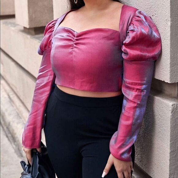 Iridescent Fuschia Balloon Sleeve Blouse - Picture 5 of 5